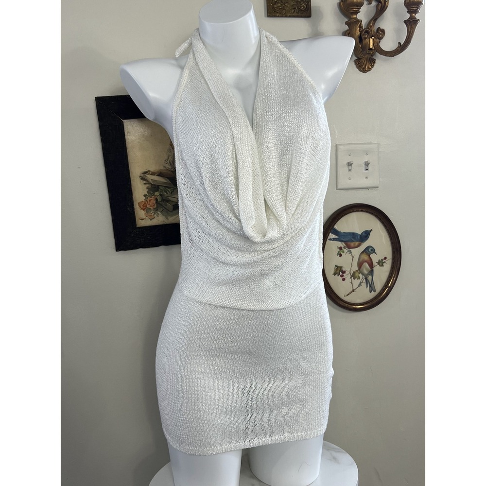 Edikted Cream Backless Cowl Neck Knit Mini Dress Metallic Halter S24095 XS NWT